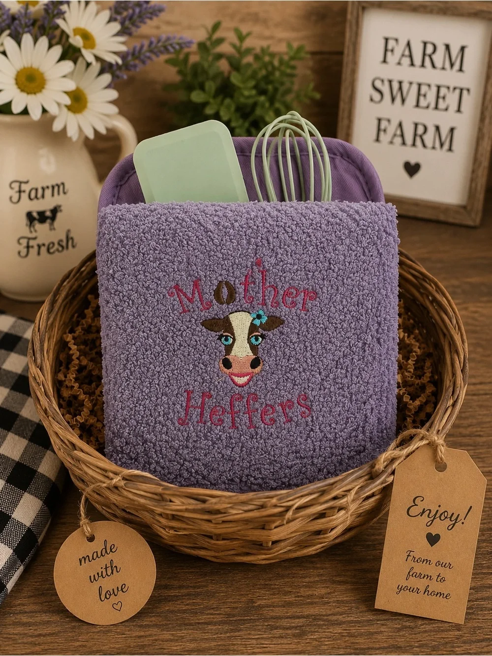Mother Heffers Lavender Kitchen Towel - Embroidered Gift Set
